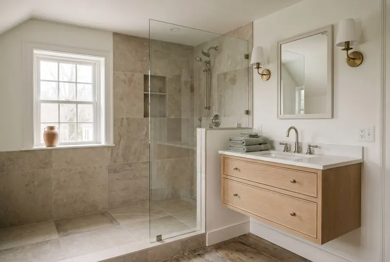 The same bathroom after remodeling, with large honed tile, a walk-in shower and an oak vanity.