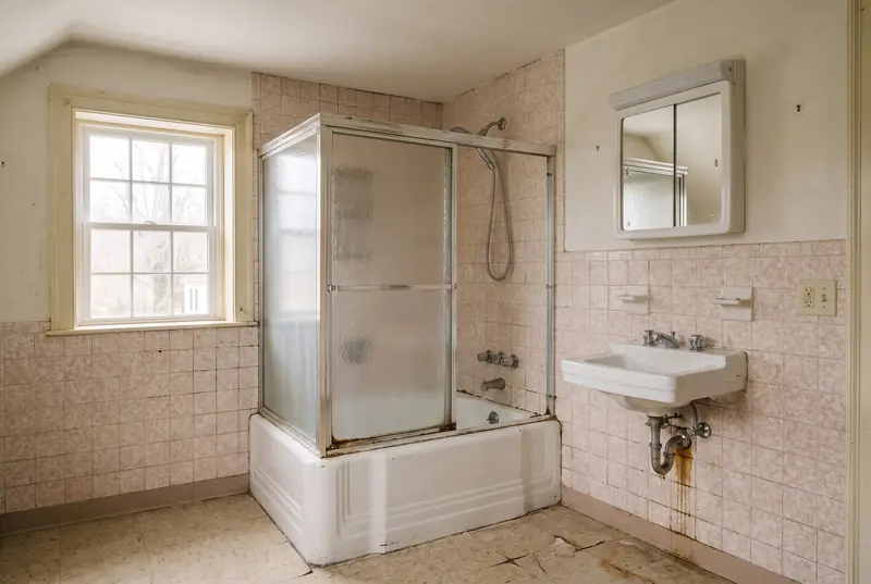 A dated bathroom with small pink wall tile, an enamel tub and a sliding glass shower door, before the work.