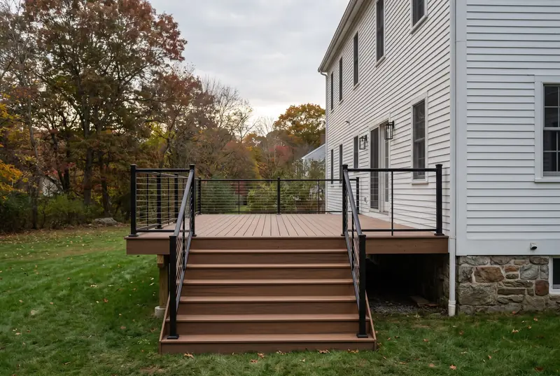The same deck rebuilt in composite boards with a black cable railing and new stairs.
