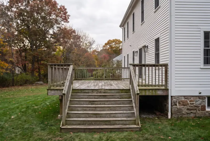 An old grey timber deck with weathered boards and a wobbly timber railing, before the work.