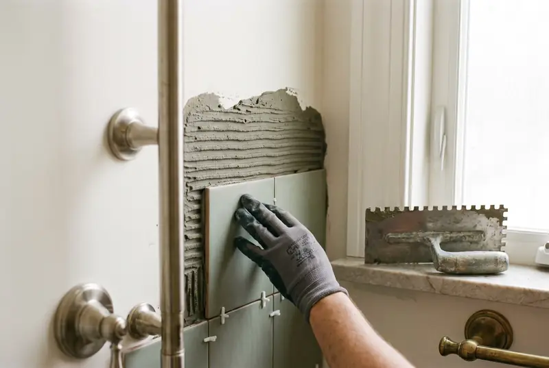 A gloved hand setting a tile into fresh thinset.