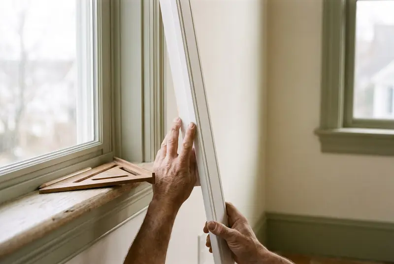 Hands holding a length of casing against a door jamb to check the fit.