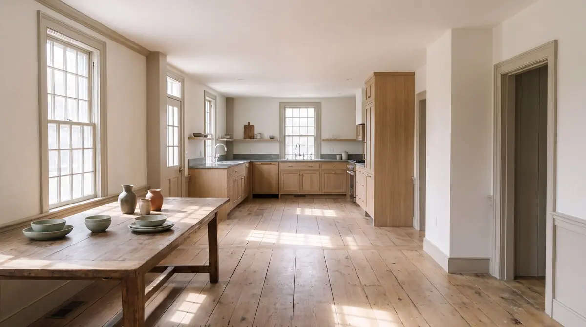 A wide open-plan first floor with sunlight falling across white oak floorboards toward a new kitchen.