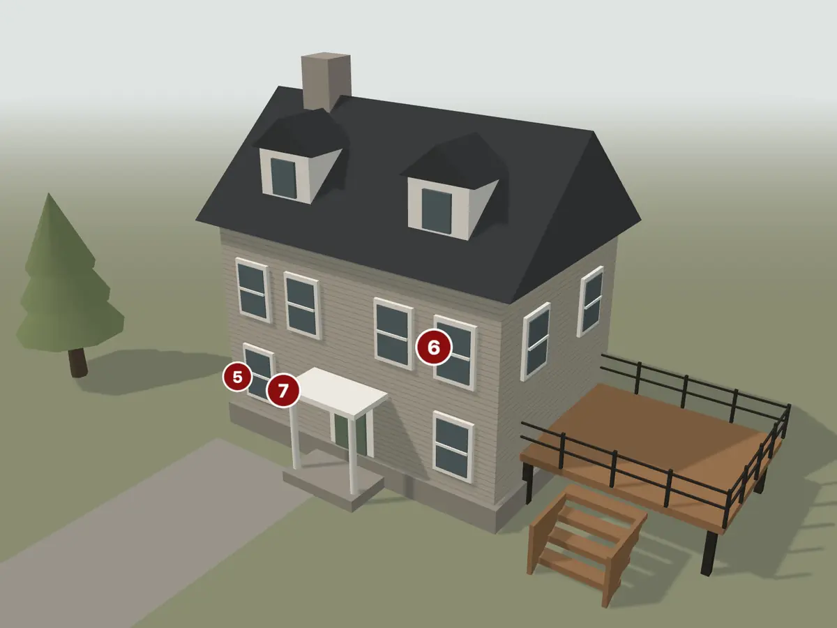A model of a New England colonial house with its roof, siding, windows and deck marked as separate parts.