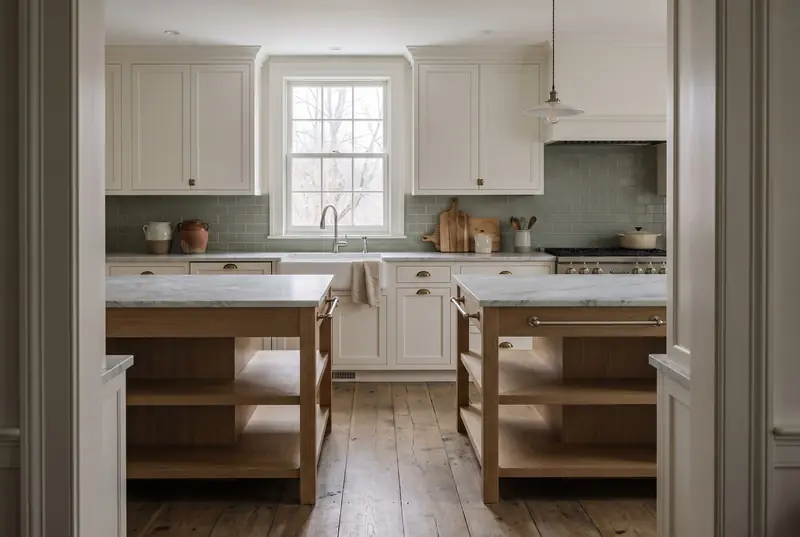 The same kitchen after remodeling, with painted shaker cabinets, an oak island, marble counters and sage tile.