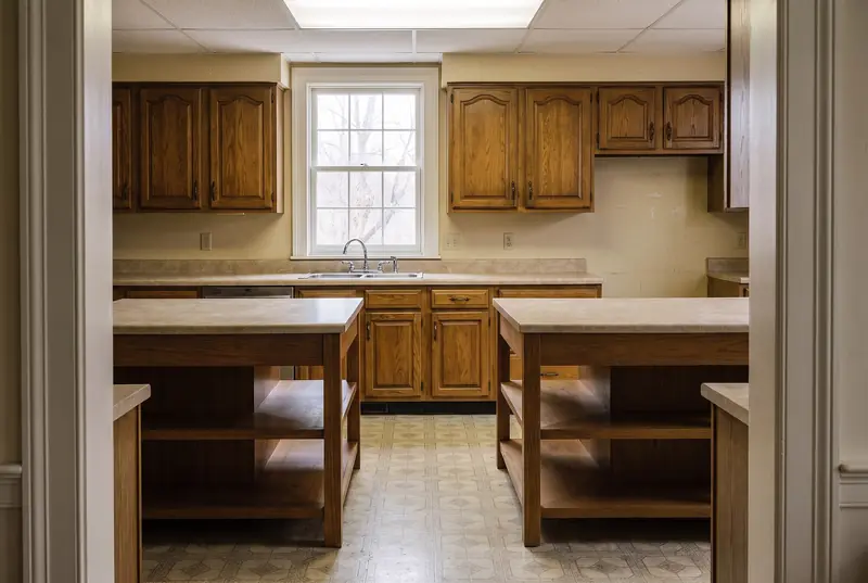 A dated kitchen with dark oak cabinets, laminate counters and vinyl flooring, before the work.
