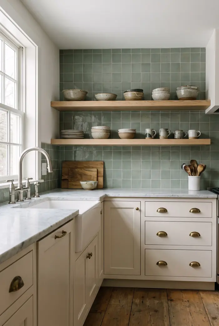 A renovated kitchen wall: oak shelving above sage green tile, a marble counter and wide oak floorboards.