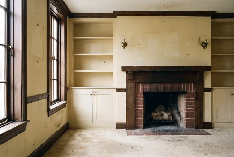 A tired living room with worn carpet, dark heavy trim and a dated brick fireplace, before the work.