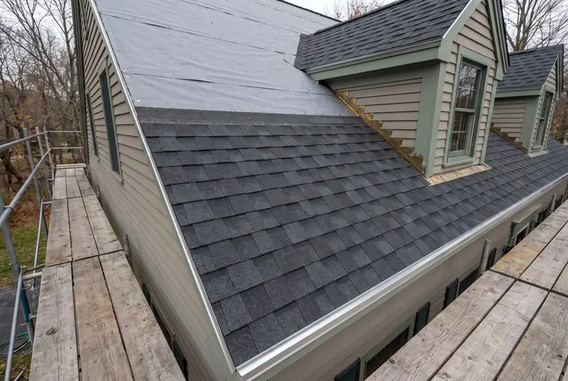The same roof after replacement, with new architectural shingles, clean step flashing at the dormer and a new drip edge.