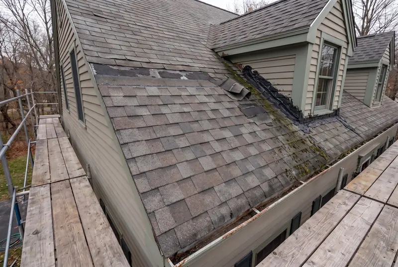 An old worn asphalt roof with granule loss, lifted tabs, moss near the eaves and tar smeared at the dormer flashing, before the work.