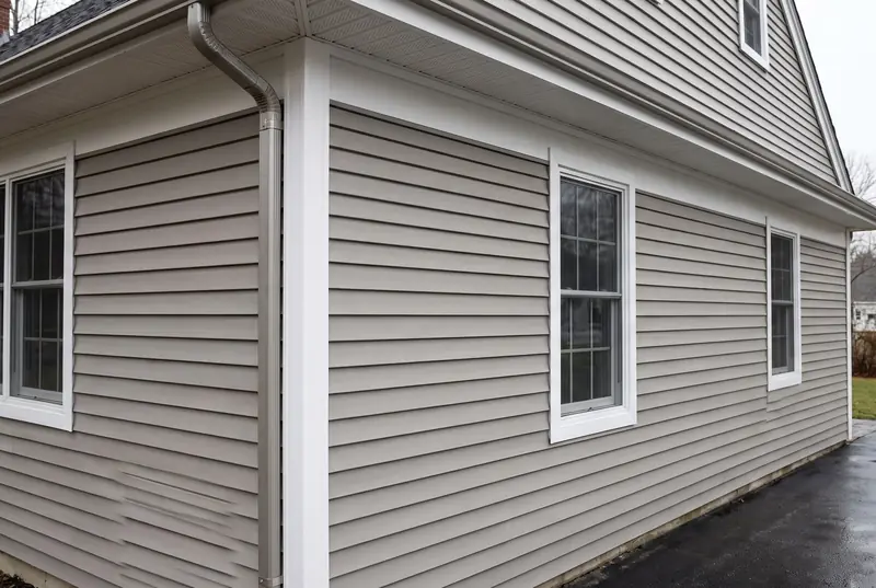 The same wall after new vinyl siding, with crisp white corner boards, window trim and a new downspout.