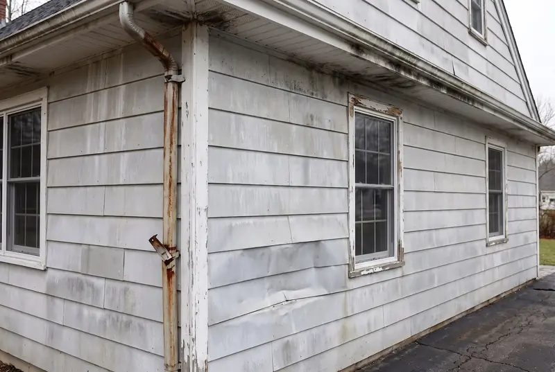 A house wall with faded streaked aluminum siding, peeling trim paint and a rusted downspout, before the work.