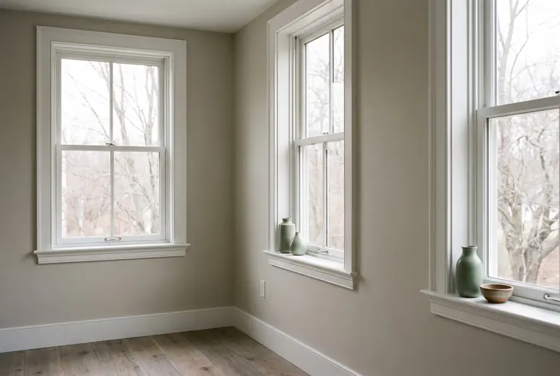 The same openings with new white double-hung windows, clean trim and a painted sill.