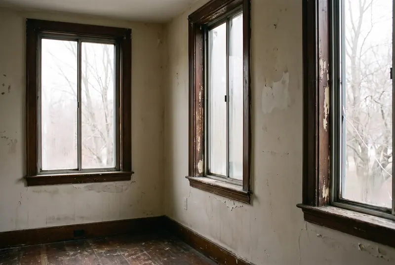 Old aluminum-framed windows with a fogged pane and peeling paint on the trim, before the work.